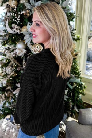 Black Twisted Rib Outlined Merry Letter Graphic Loose Long Sleeve Top - Image 2