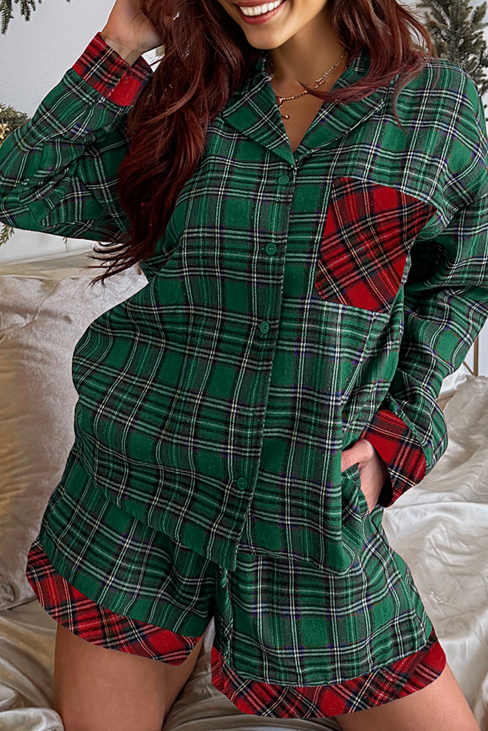 Green Plaid Contrast Patched Christmas Holiday Long Sleeve Shirt and Short 2pcs Pajama Set Green Plaid Contrast Patched Christmas Holiday Long Sleeve Shirt and Short 2pcs Pajama Set