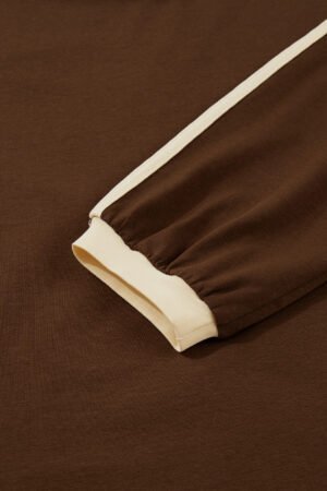 Dark Brown Varsity Striped Accent Contrast Crew Neck Long Sleeve T Shirt - Image 8