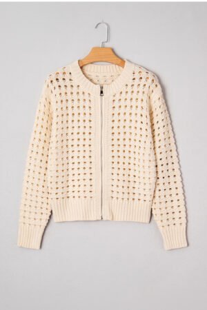 Beige Hollowed Pattern Knit Zip Up Drop Shoulder Sweater Cardigan - Image 6