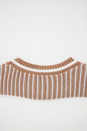 Khaki Two Tone Striped Patchwork Drop Shoulder Loose Sweater - Image 6