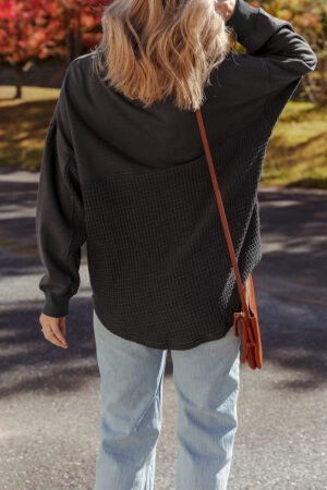 Carbon Grey Waffle Knit Patchwork Half Zipped Casual Sweatshirt - Image 2