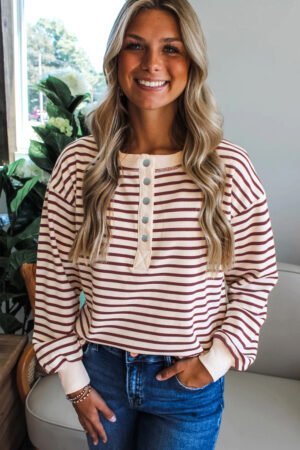 Red Dahlia Striped Print Drop Shoulder Long Sleeve Henley Top - Image 3
