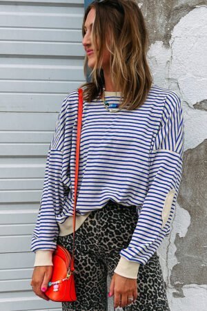 Blue Stripe Textured Elbow Patched Crew Neck Drop Shoulder Sweatshirt - Image 4