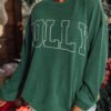 Blackish Green Twisted Rib Outlined Merry Letter Graphic Loose Long Sleeve Top