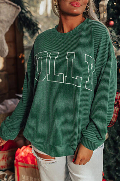 Blackish Green Twisted Rib Outlined Merry Letter Graphic Loose Long Sleeve Top
