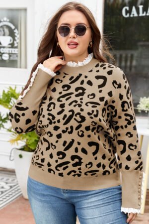 Brown Leopard Knitted Lacy Trim Cuffed Plus Size Sweater - Image 3