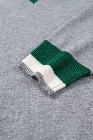 Gray Contrast Striped Trim V Neck Varsity Sweater - Image 9