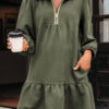 Jungle Green Quarter Zip Collar Bracelet Sleeve Textured Mini Dress