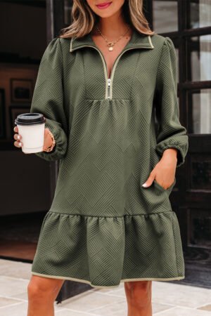 Jungle Green Quarter Zip Collar Bracelet Sleeve Textured Mini Dress