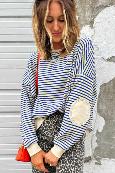 Blue Stripe Textured Elbow Patched Crew Neck Drop Shoulder Sweatshirt
