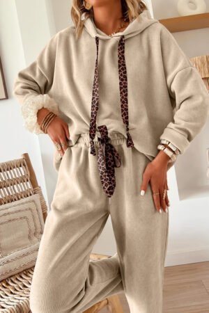 Alternative view of Parchment Leopard Drawstring Pullover Hoodie and High Waist Pants Corduroy Suit