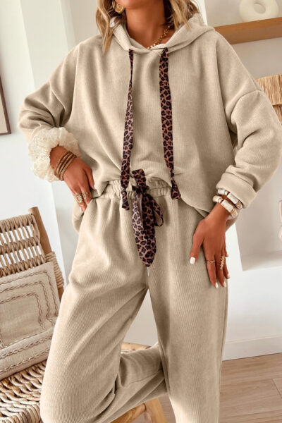 Parchment Leopard Drawstring Pullover Hoodie and High Waist Pants Corduroy Suit