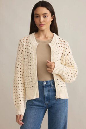 Beige Hollowed Pattern Knit Zip Up Drop Shoulder Sweater Cardigan - Image 5
