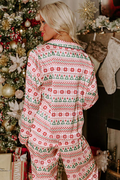 White Christmas Pattern Print Shirt Style Long 2pcs Pajama Set