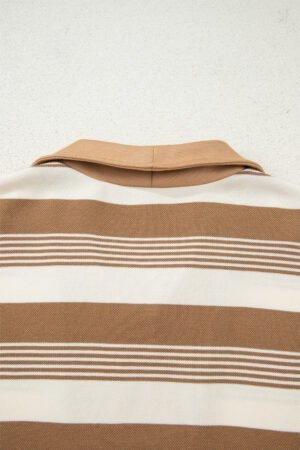 Khaki Stripe Zip Collar Patchwork Vintage Fashion Sweatshirt - Image 8