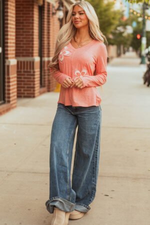 Fresh Salmon Floral Patchwork V Neck Long Sleeve T Shirt - Image 4