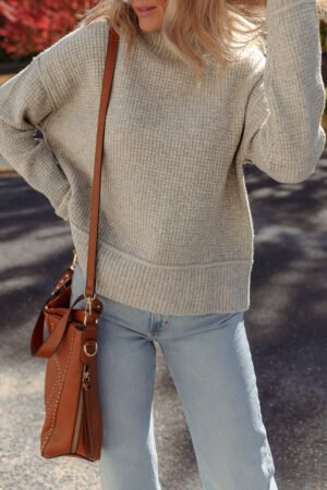 Gray Morn Waffle Texture Knit Ribbed High Neck Drop Shoulder Sweater - Image 4