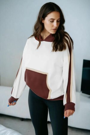 Alternative view of Coffee Color Block Patchwork Athleisure Hooded Sweatshirt
