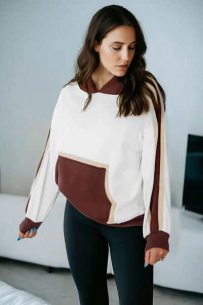 Coffee Color Block Patchwork Athleisure Hooded Sweatshirt
