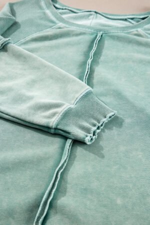 Mineral Blue Solid Waffle Knit Patchwork Raglan Sleeve Sweatshirt - Image 6