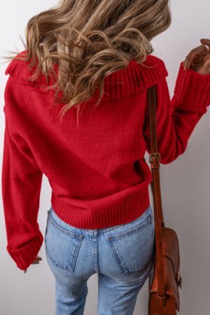 Racing Red Collared V Neck Ribbed Edge Sexy Elegant Sweater - Image 2