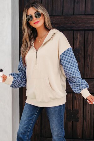 Parchment Checkered Patchwork Kangaroo Pocket Half Zipper Hoodie - Image 2