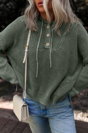 Mist Green Mineral Wash Ribbed Knit Button Drawstring Neck Hooded Sweater - Image 8