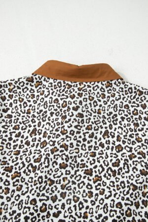 Khaki Plus Size Button V Neck Leopard Print Puff Sleeve Loose Mini Dress - Image 13