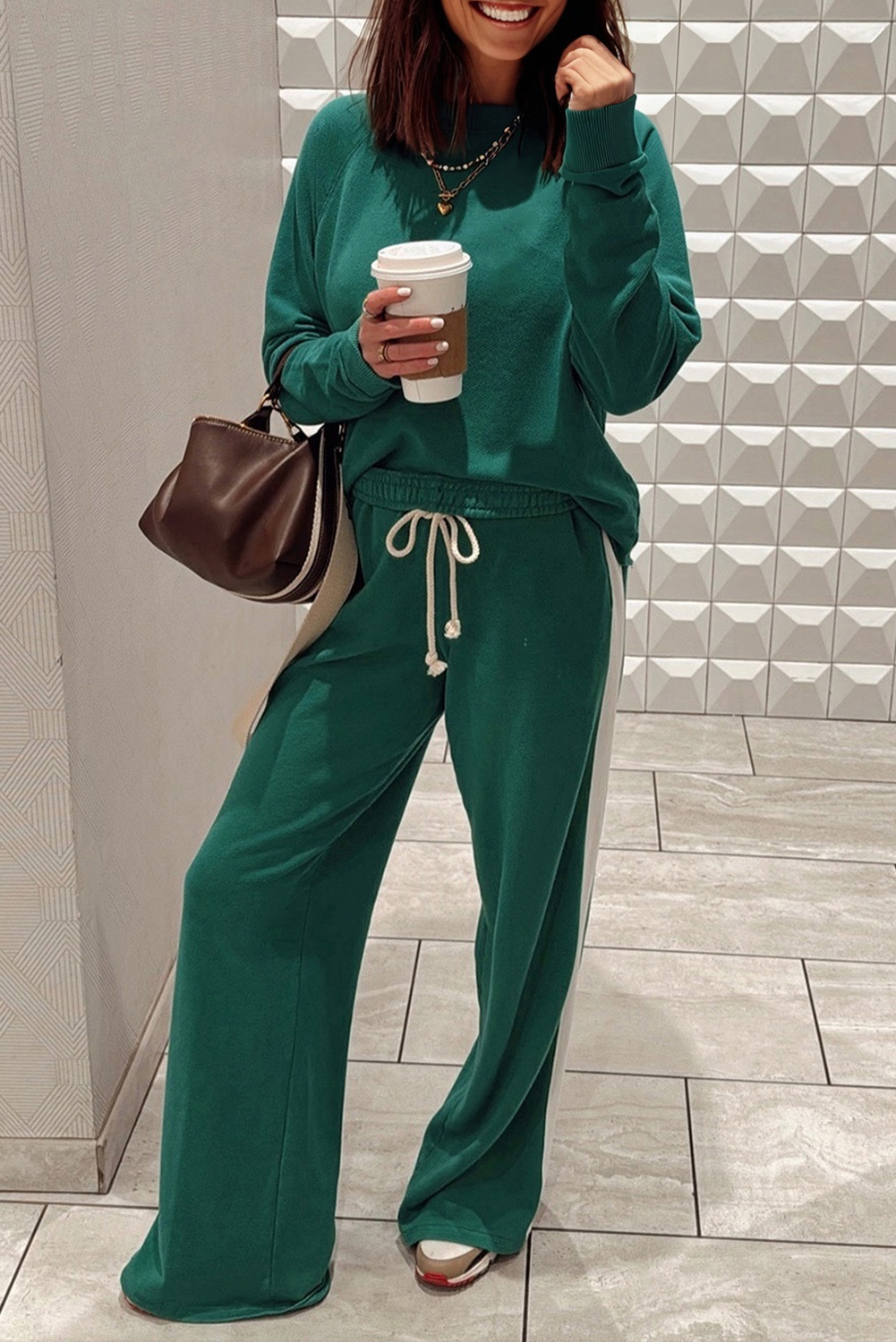 Sea Green Solid Color Pullover Top Varsity Stripe Detail Loose Drawstring Pants Set Sea Green Solid Color Pullover Top Varsity Stripe Detail Loose Drawstring Pants Set