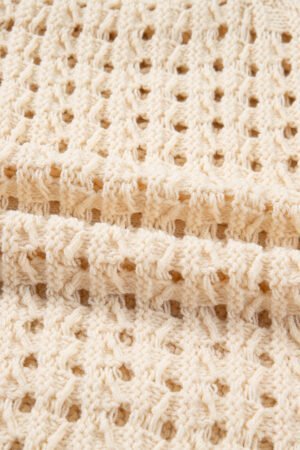 Beige Hollowed Pattern Knit Zip Up Drop Shoulder Sweater Cardigan - Image 9