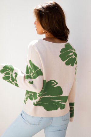 Green Bold Flower Pattern Wide Sleeve Baggy Sweater - Image 3