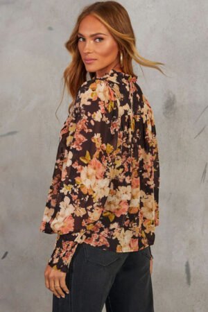 Alternative view of Black Floral V Neck Long Puff Sleeve Breezy Blouse