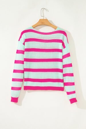 Green Stripe Round Neck Casual Sweater - Image 7
