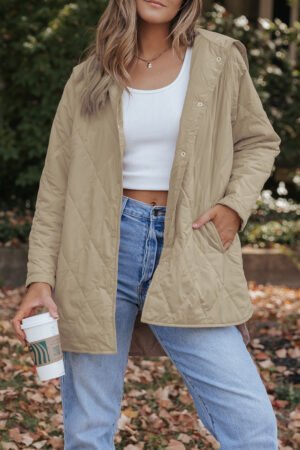 Khaki Quilted Snap Button Hooded Puffer Coat - Image 4