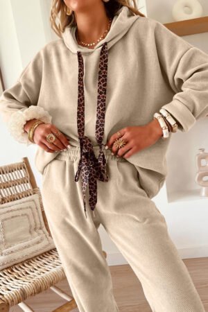 Parchment Leopard Drawstring Pullover Hoodie and High Waist Pants Corduroy Suit - Image 3