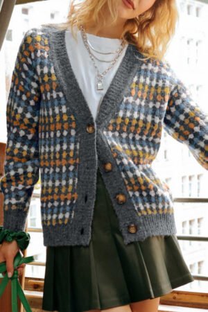 Gray Dotty Pattern Knit Button Front V Neck Sweater Cardigan