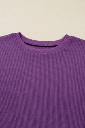 Orchid Mist Solid Color Raw Seam Patchwork Ribbed Drop Shoulder Sweatshirt - Image 3