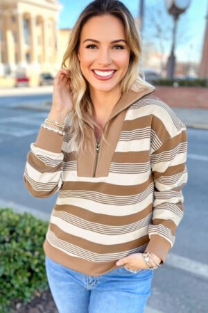 Khaki Stripe Zip Collar Patchwork Vintage Fashion Sweatshirt - Image 2
