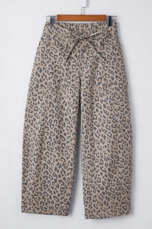 Khaki Leopard Printed Drawstring Elastic Waistband Pocketed Wide Leg Jeans - Image 8