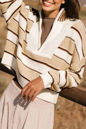Khaki Stripe Half Zip Drop Shoulder Womens Sweater