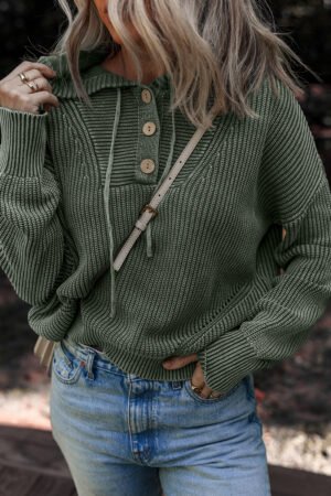 Mist Green Mineral Wash Ribbed Knit Button Drawstring Neck Hooded Sweater - Image 6