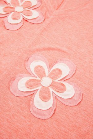 Fresh Salmon Floral Patchwork V Neck Long Sleeve T Shirt - Image 7