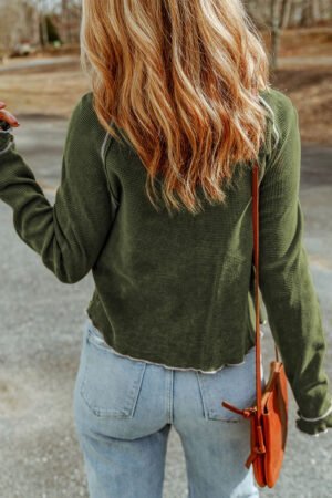 Green Textured Round Neck Long Sleeve Top - Image 2