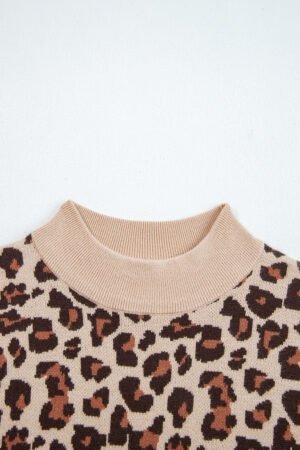 Khaki Leopard Print High Neck Shift Mini Sweater Dress - Image 7