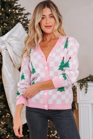 Pink Checkered Christmas Tree Pattern Button V Neck Cardigan Sweater - Image 5