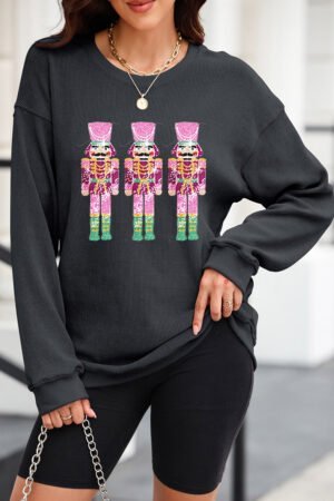 Black Christmas Sequined Nutcrackers Mineral Wash Corded Sweatshirt - Image 6