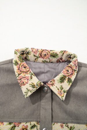 Medium Grey Corduroy Floral Patchwork Vintage Jacket - Image 5