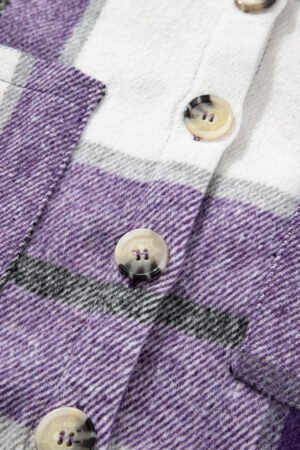 Purple Plaid Color Block Buttoned Long Sleeve Jacket with Pocket - Image 7