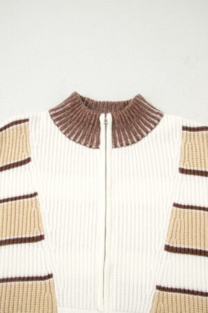Khaki Stripe Half Zip Drop Shoulder Womens Sweater - Image 5